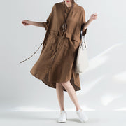 fashion khaki cotton dresses plus size cotton dress women half sleeve Stand cotton dress