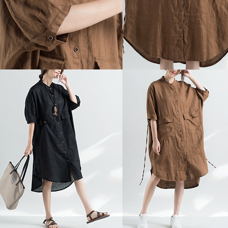 fashion khaki cotton dresses plus size cotton dress women half sleeve Stand cotton dress