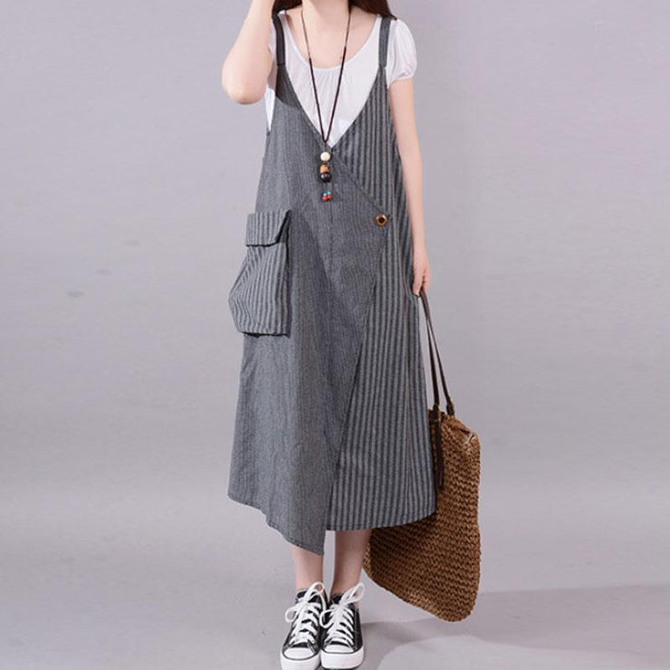 fashion long cotton blended dress Loose fitting Casual Summer Stripe Big Pocket Loose Suspender Gray Dress