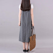 fashion long cotton blended dress Loose fitting Casual Summer Stripe Big Pocket Loose Suspender Gray Dress