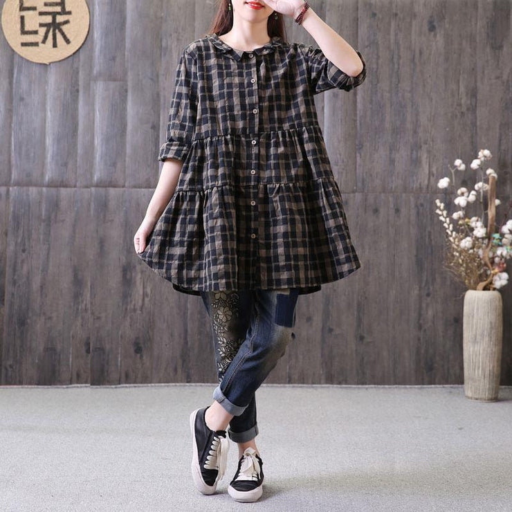 fashion natural cotton linen t shirt plus size Loose Polo Collar Plaid Shirt Single Breasted Black Top