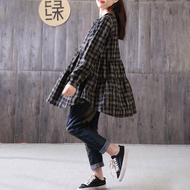 fashion natural cotton linen t shirt plus size Loose Polo Collar Plaid Shirt Single Breasted Black Top