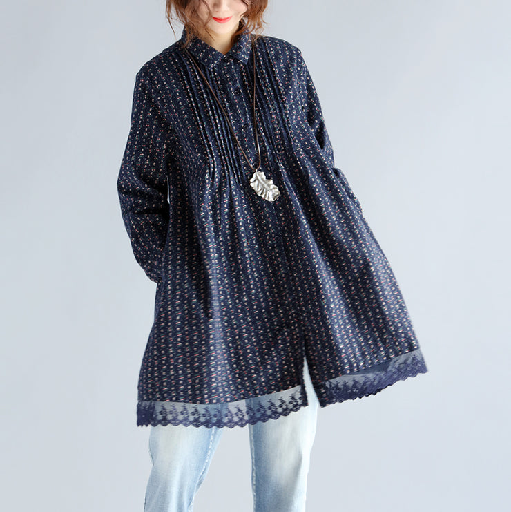 fashion navy print Midi cotton pullover oversize New long sleeve Cinched Turn-down Collar lace cotton blouses