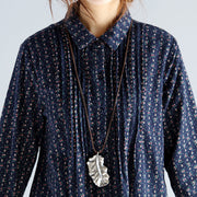 fashion navy print Midi cotton pullover oversize New long sleeve Cinched Turn-down Collar lace cotton blouses