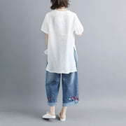 fashion pure linen blouse plus size Casual Summer Short Sleeve Slit Round Neck White Tops