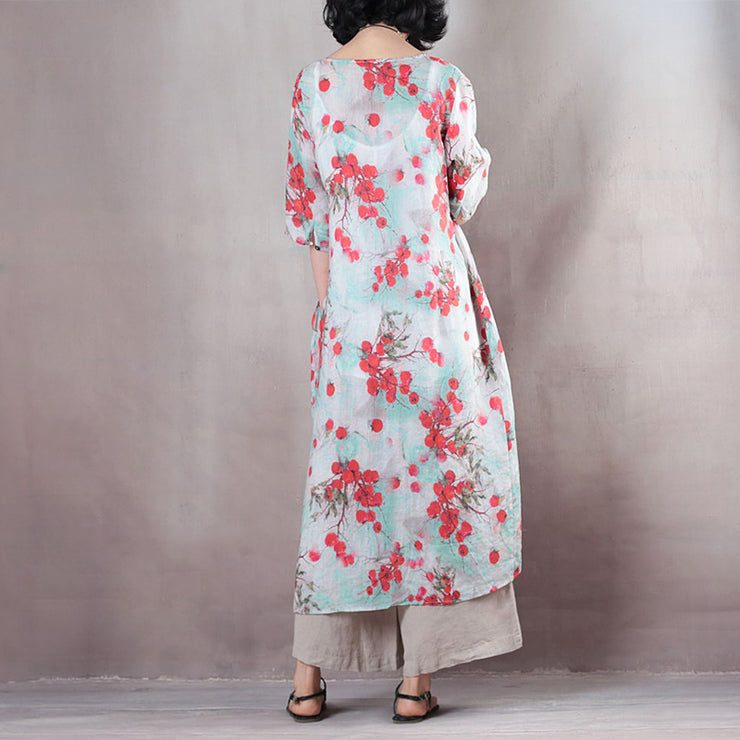 fashion red floral linen caftans casual v neck linen maxi dress Fine half sleeve tie waist caftans