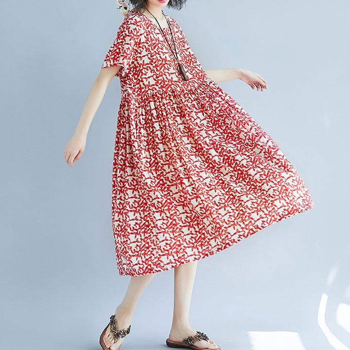 fashion red linen knee dress oversized casual dress fine short sleeve floral o neck dresses