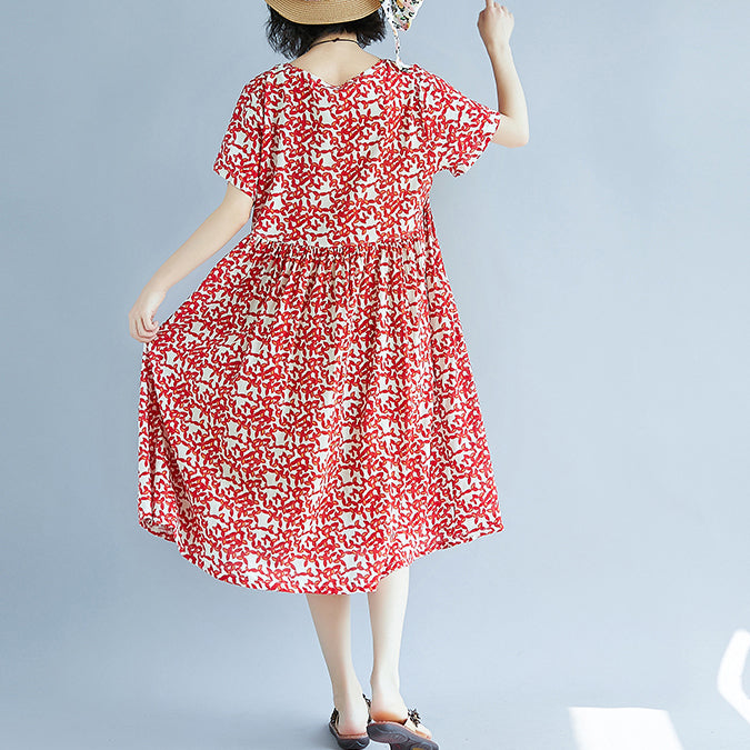 fashion red linen knee dress oversized casual dress fine short sleeve floral o neck dresses