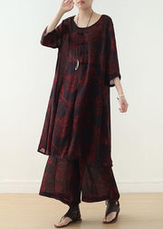 fashion red prints two pieces bracelet sleeved dress and wide leg pants - bagstylebliss