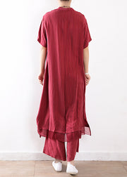 fashion red striped casual silk shirt dress and elastic waist wide leg pants two pieces