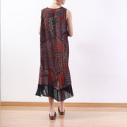 fashion red yellow prints long chiffon dresses oversized tassel chiffon clothing dresses casual sleeveless maxi dresses