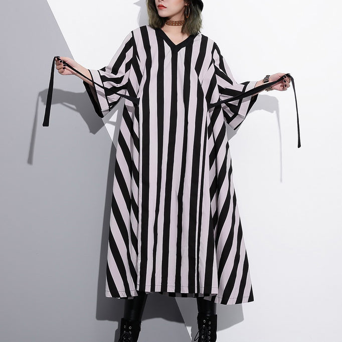 fashion striped cotton caftans Loose fitting tie waist cotton maxi dress fine v neck cotton caftans