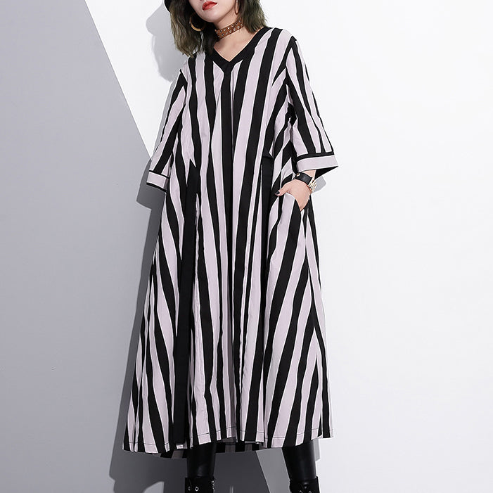 fashion striped cotton caftans Loose fitting tie waist cotton maxi dress fine v neck cotton caftans