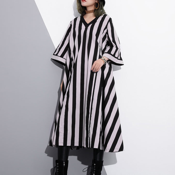 fashion striped cotton caftans Loose fitting tie waist cotton maxi dress fine v neck cotton caftans