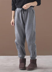 fashion warm winter cotton gray pant loose patchwork drawstring elastic waist casual pants - bagstylebliss