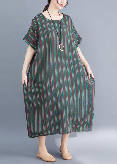 fashion women green striped o neck summer dress - bagstylebliss