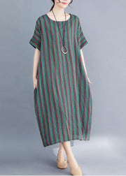 fashion women green striped o neck summer dress - bagstylebliss