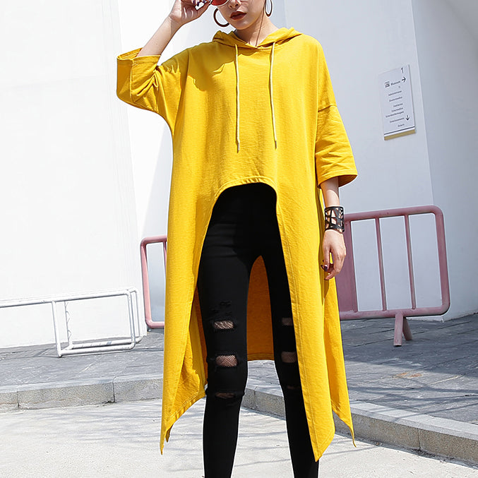 fashion yellow linen Vest plusize shirts casual low high design hooded linen t shirt