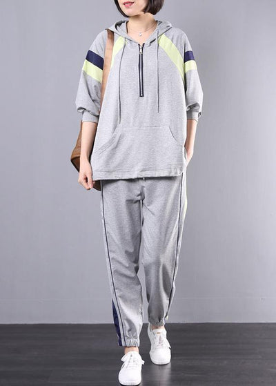 gray cotton casual two pieces hooded plus size top and elastic waist pants - bagstylebliss
