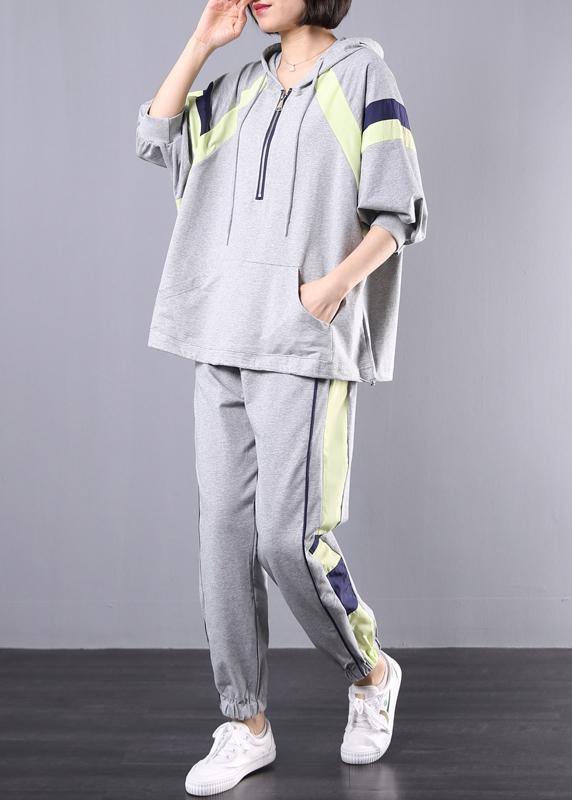 gray cotton casual two pieces hooded plus size top and elastic waist pants - bagstylebliss