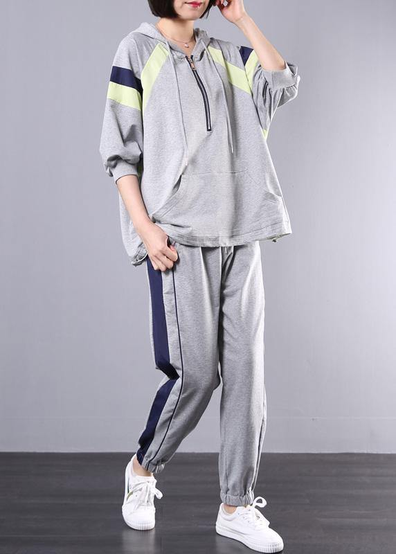 gray cotton casual two pieces hooded plus size top and elastic waist pants - bagstylebliss