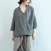 gray vintage linen blouse oversize Chinese Button o neck t shirt