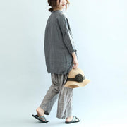 gray vintage linen blouse oversize Chinese Button o neck t shirt