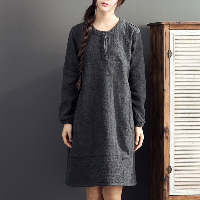 gray warm cotton linen dresses plus size casual long sleeve mid dress 2024