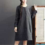 gray warm cotton linen dresses plus size casual long sleeve mid dress 2024