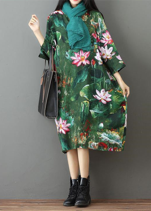 Green Prints Linen Maxi Dress Casual Traveling Dress Casual Bracelet Sleeve Gown