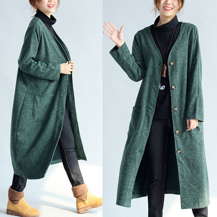 Grüner Vintage-Frauen-langer Parka-Mantel plus Größe mit V-Ausschnitt, Wollgraben, lange Strickjacken