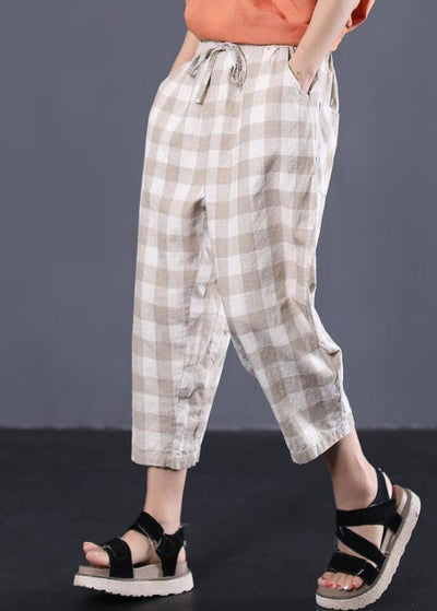 khaki plaid cotton pants plus size drawstring casual pants - bagstylebliss