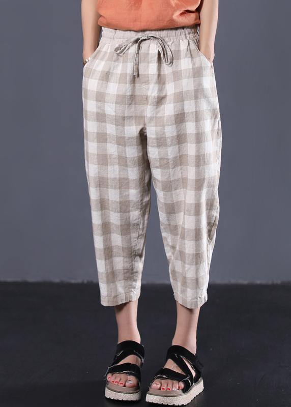 khaki plaid cotton pants plus size drawstring casual pants - bagstylebliss