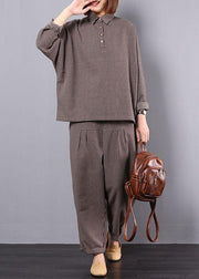 khaki plaid vintage cotton linen two pieces long sleeve shirt with women casual pants - bagstylebliss