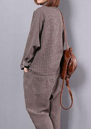 khaki plaid vintage cotton linen two pieces long sleeve shirt with women casual pants - bagstylebliss