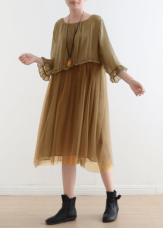 French Khaki Holiday Tulle Silk Maxi Dress Summer