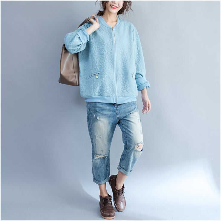 light blue jacquard loose cotton jackets plus size zippered cardigans outwear