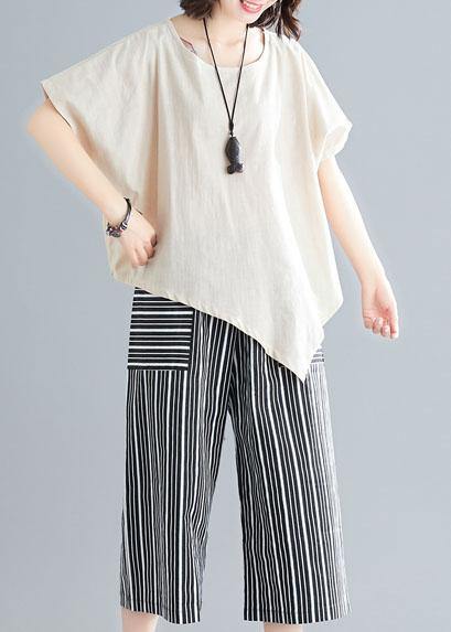 loose two pieces asymmetric white t shirts and striped pants - bagstylebliss