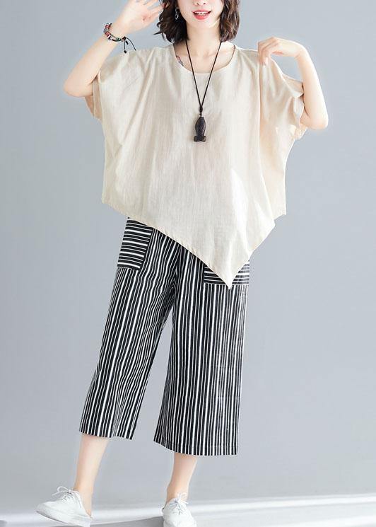 loose two pieces asymmetric white t shirts and striped pants - bagstylebliss