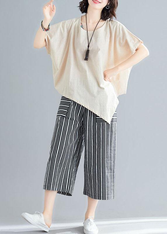 loose two pieces asymmetric white t shirts and striped pants - bagstylebliss