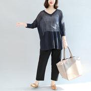 navy knitting casual tops plus size pullover v neck t shirt