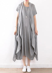 new 2019 gray linen two pieces sleeveless cardigans and o neck maxi dress - bagstylebliss
