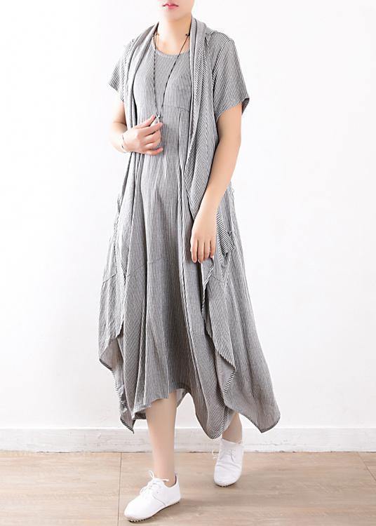 new 2019 gray linen two pieces sleeveless cardigans and o neck maxi dress - bagstylebliss