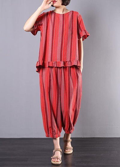 new 2019 red striped two pieces red ruffles low high design tops and elastic waist harem pants - bagstylebliss