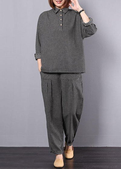 new autumn black plaid cotton lapel collar long sleeve shirt and patchwork elastic waist pants two pieces - bagstylebliss