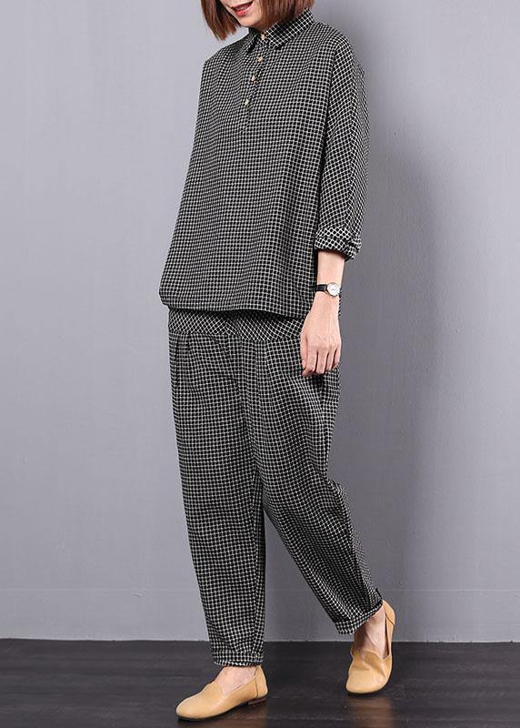 new autumn black plaid cotton lapel collar long sleeve shirt and patchwork elastic waist pants two pieces - bagstylebliss