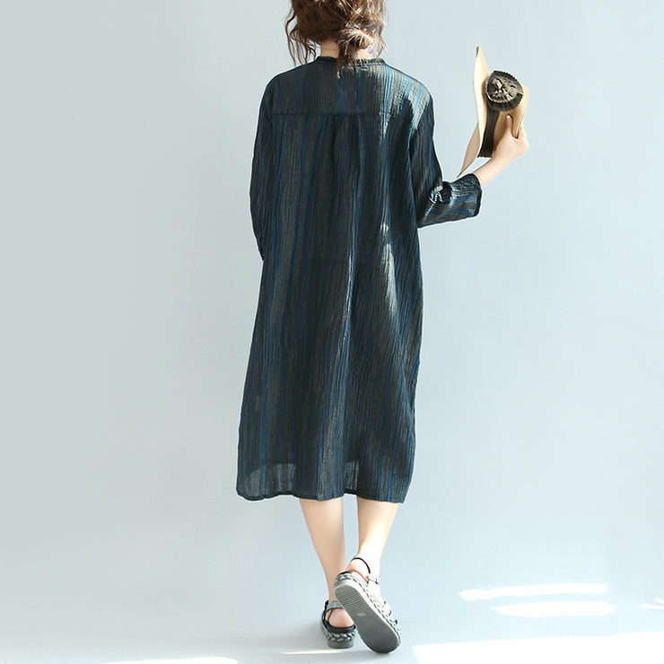 new autumn dark blue linen drsses plus size vintage maxi dress