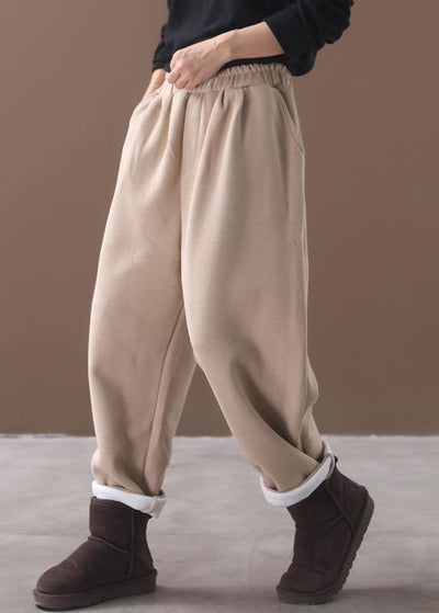 new beige winter casual trousers elastic waist thick harem pants - bagstylebliss