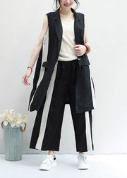 new black striped casual waistcoat and elastic waist wide leg pants - bagstylebliss