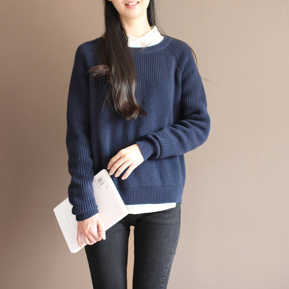 new dark blue solid color cotton knit t shirt vintage loose batwing sleeve sweater tops